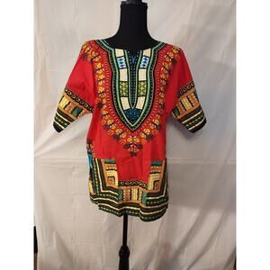 Pink/Multi Colored African Dashiki Tunic One Size 44" Chest 28" Long 100% Cotton